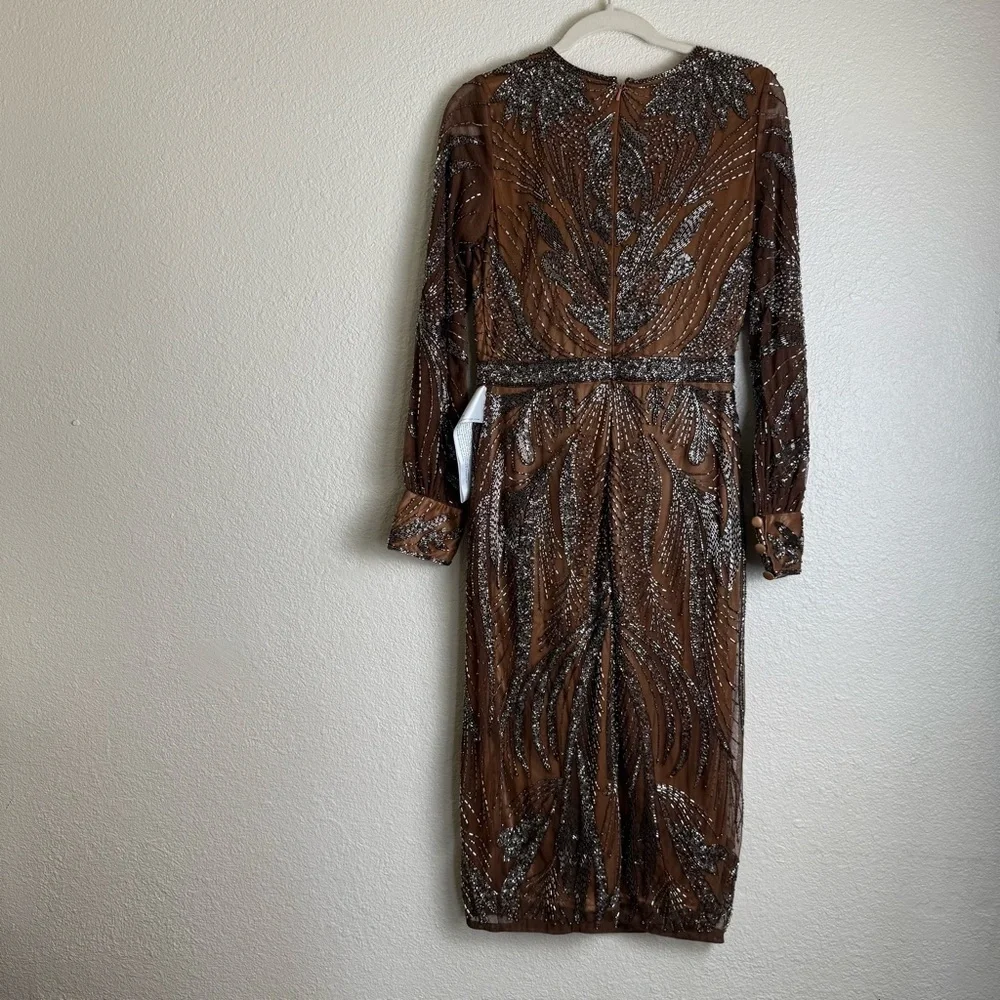 Mac Duggal Mocha Brown Beaded Long Sleeve Tulle Midi Cocktail Dress - Picture 11 of 14